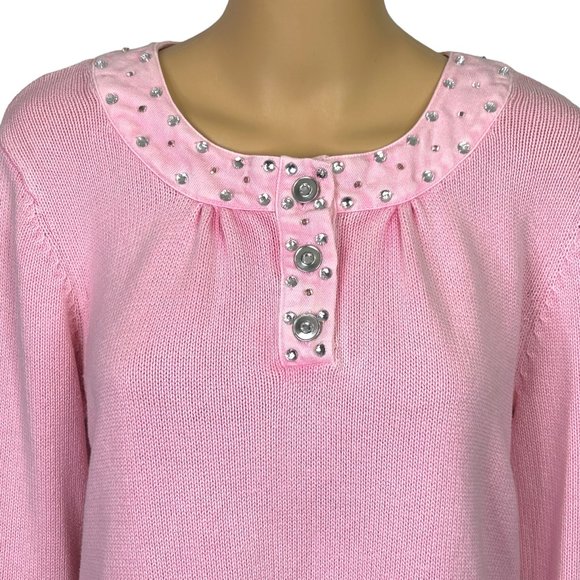 Vintage RARE Quacker Factory Womens M Pink Sweater Shirt Rhinestones & Beaded - Picture 2 of 15
